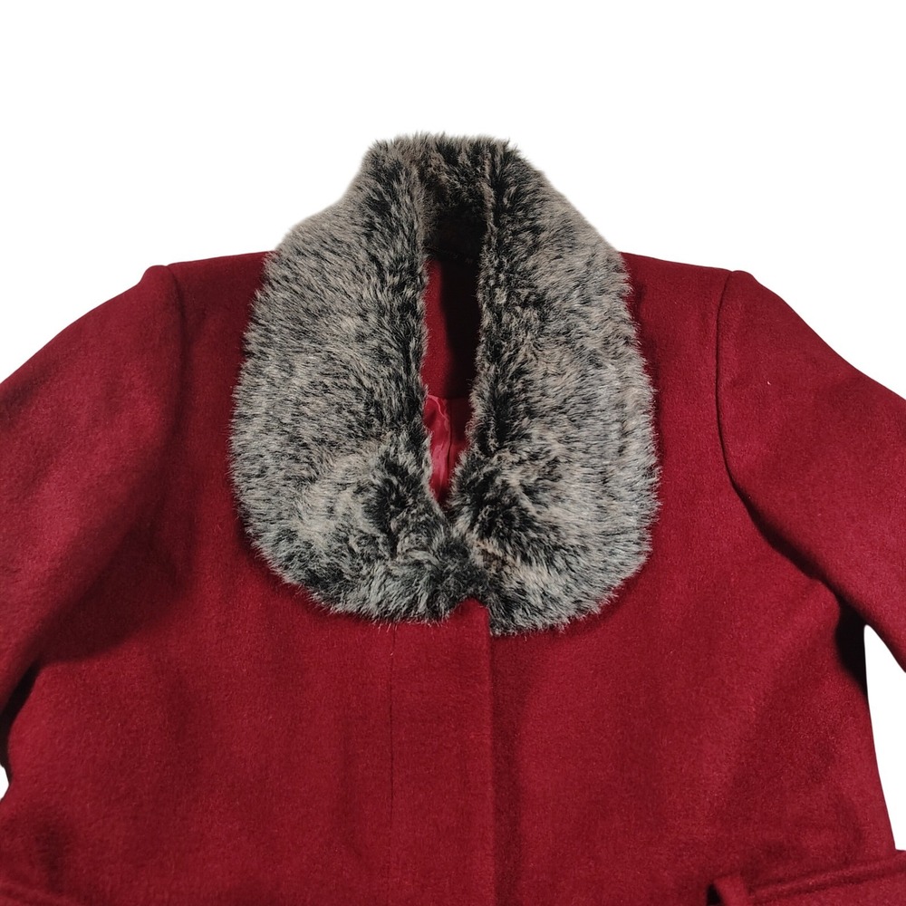 DTSARF Womens Red Wool Blend Belted Trench Coat Faux Fur Collar Burgundy 9400863 - Picture 2 of 11